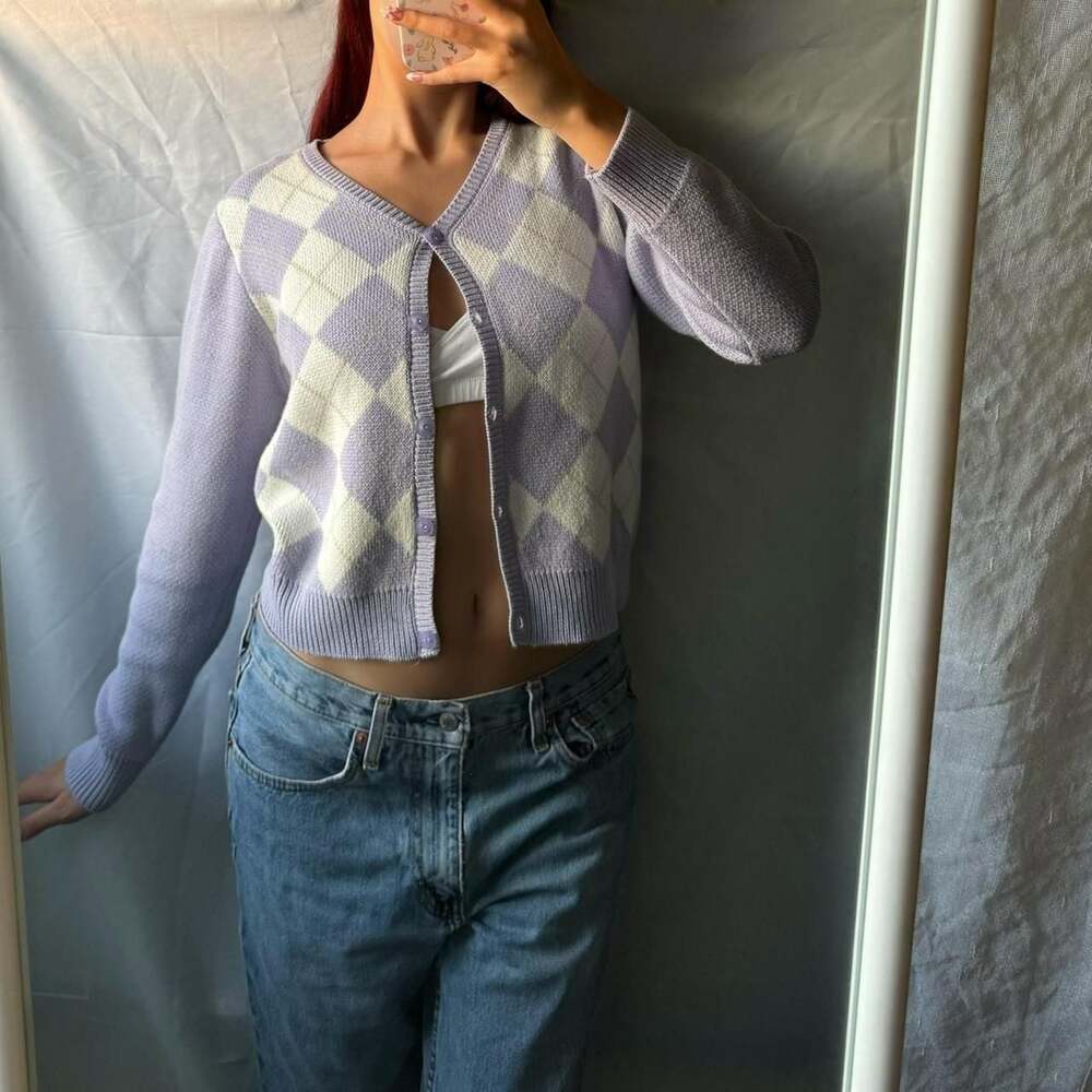 Vintage Y2K Argyle Knit Cardigan, Purple & Cream, Size XS/S — Cute Pixie Preppy